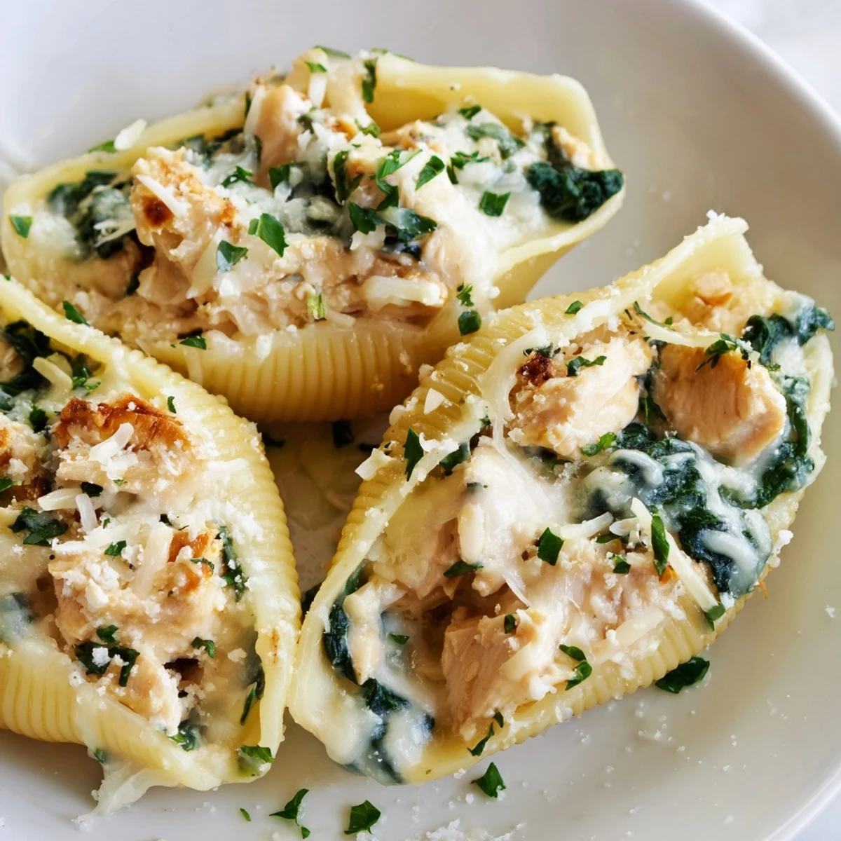 Golden-brown baked Chicken Alfredo Stuffed Shells with Spinach in a ceramic dish, garnished with fresh parsley and melted cheese.  