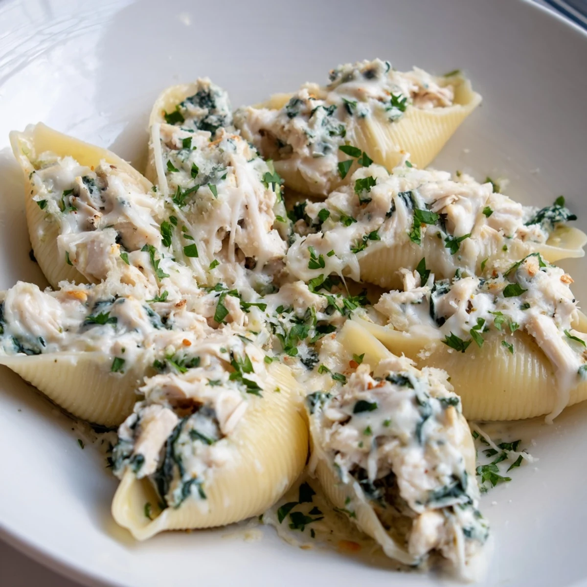 Stuffed shells with spinach and chicken in rich Alfredo sauce, served on a plate with garlic bread.