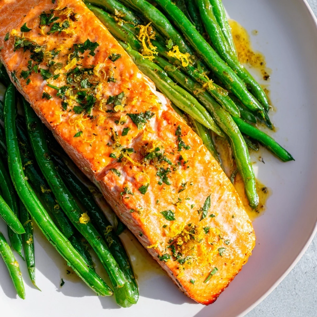 Golden-baked sheet pan salmon and green beans served on a white plate with lemon wedges and fresh parsley.  