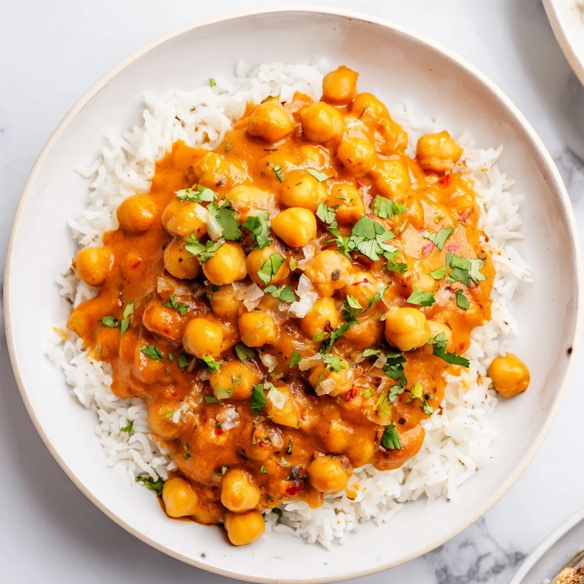 Vegan Chickpea Tikka Masala with Rice, served in a white bowl with fluffy grains and a vibrant, creamy orange sauce.