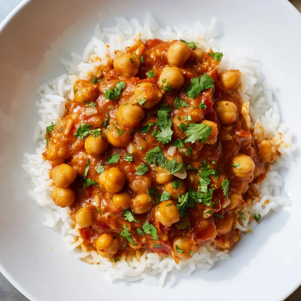 A close-up of steaming Vegan Chickpea Tikka Masala with Rice, garnished with fresh cilantro and a bright lemon wedge.