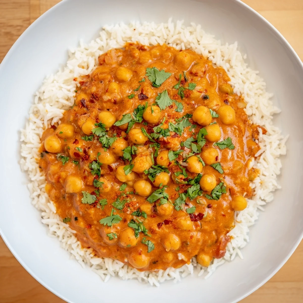 Golden basmati rice topped with tender chickpeas in a rich, spiced tomato sauce for this Vegan Chickpea Tikka Masala.