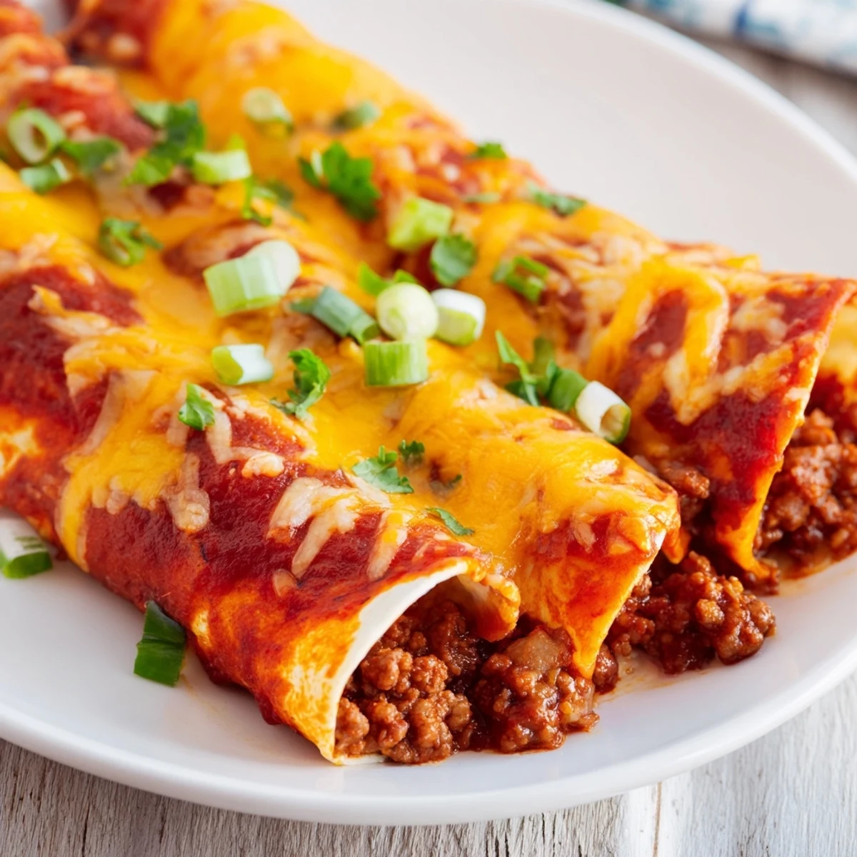Golden-brown Beef Enchiladas with Red Enchilada Sauce bubbling with melted cheddar and Monterey Jack in a 9x13 baking dish.