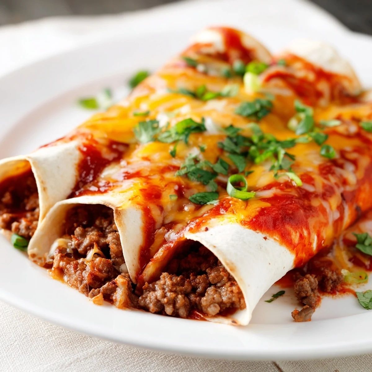 Savory ground beef filling wrapped in soft tortillas, smothered in vibrant red enchilada sauce and topped with fresh cilantro.