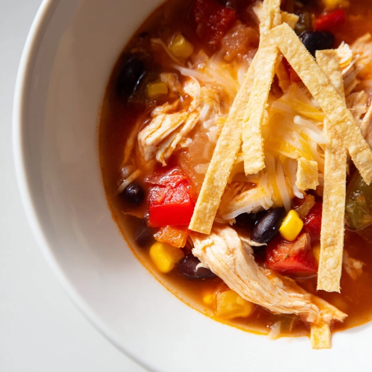 A steaming bowl of Chicken Tortilla Soup with Crispy Strips, garnished with diced avocado and fresh cilantro.