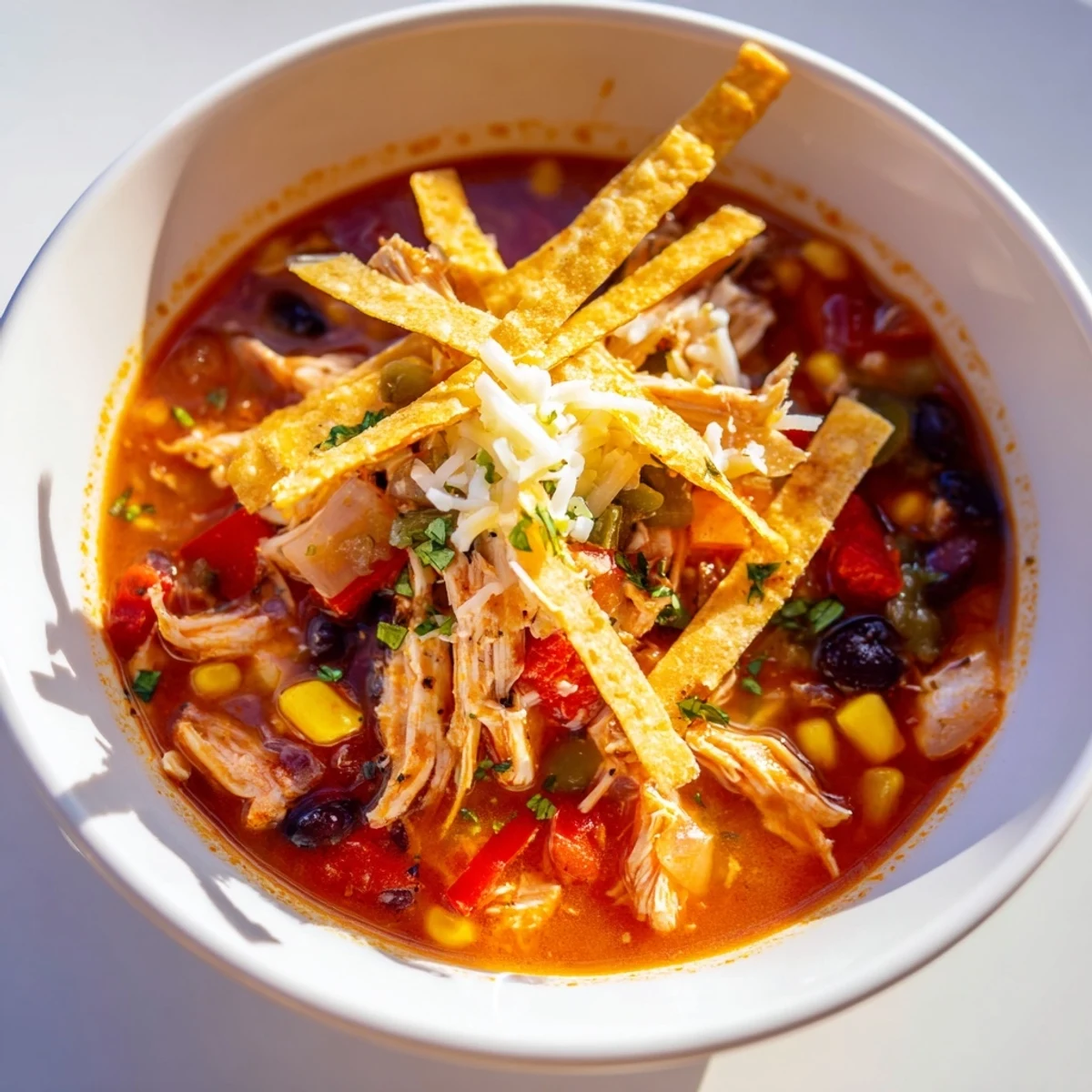 Hearty Chicken Tortilla Soup with Crispy Strips served with lime wedges and a dollop of sour cream.