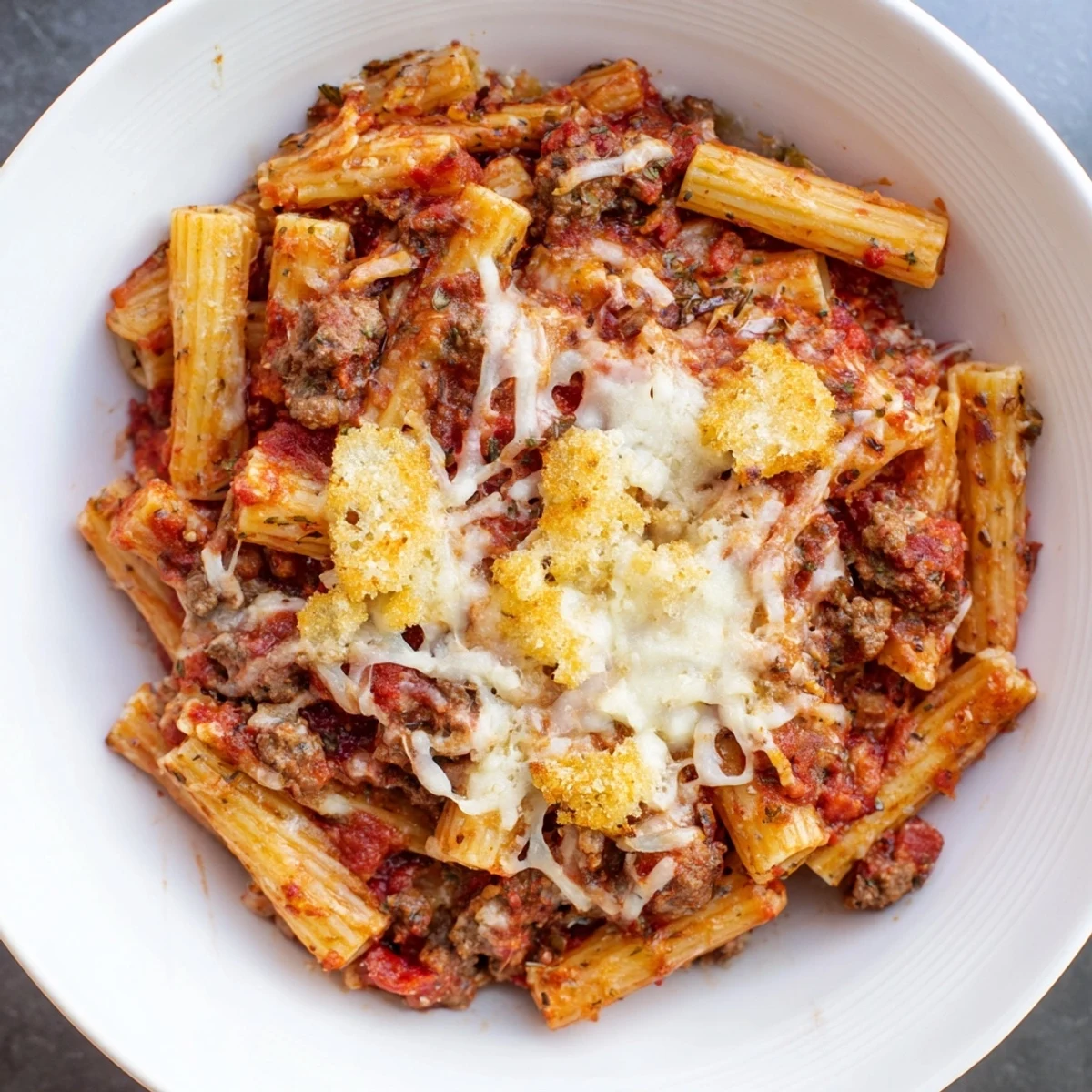Golden, bubbly mozzarella blankets this hearty baked ziti with ground beef and marinara, served steaming from the oven.