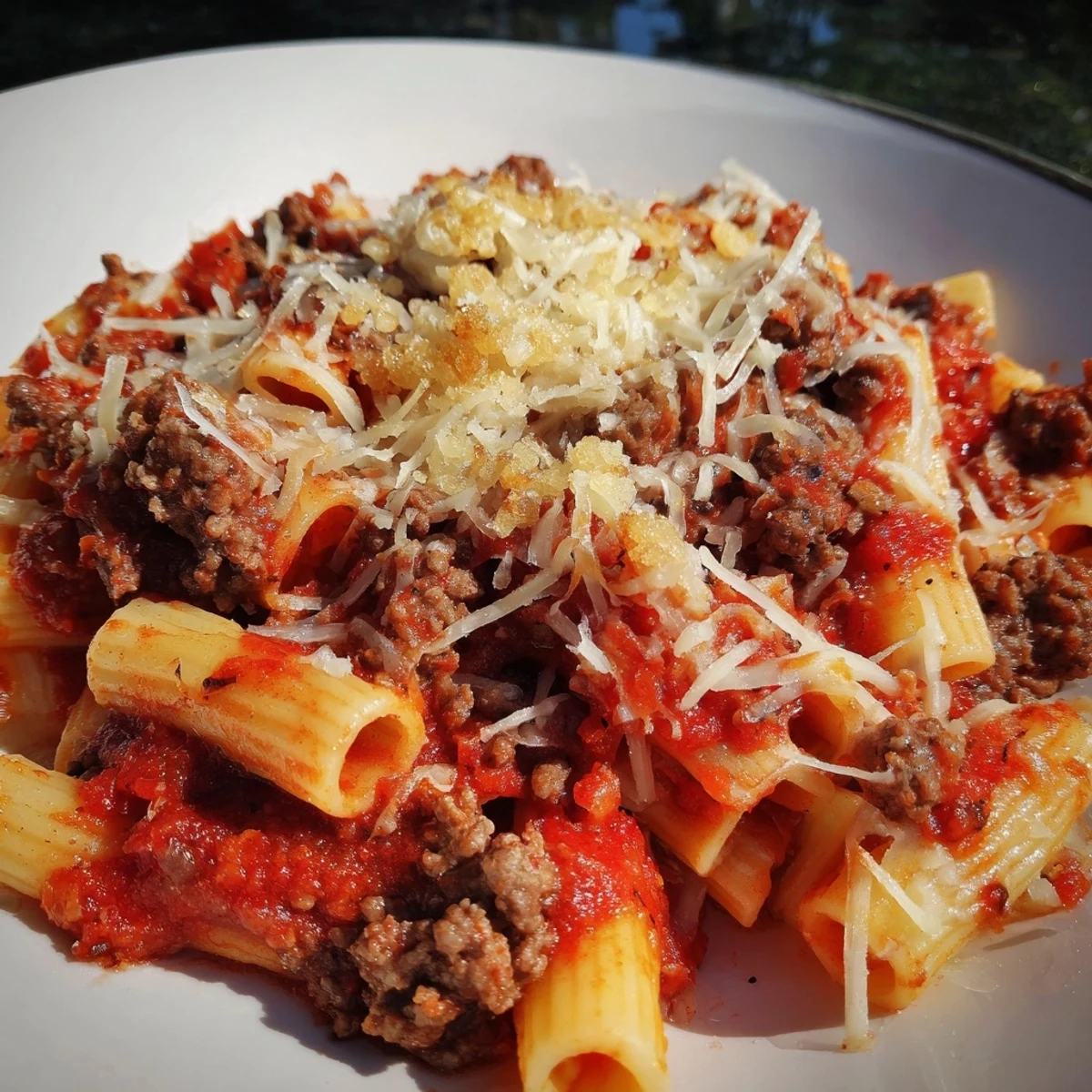Tender pasta noodles mixed with savory beef and rich marinara sauce in a golden-brown casserole dish.
