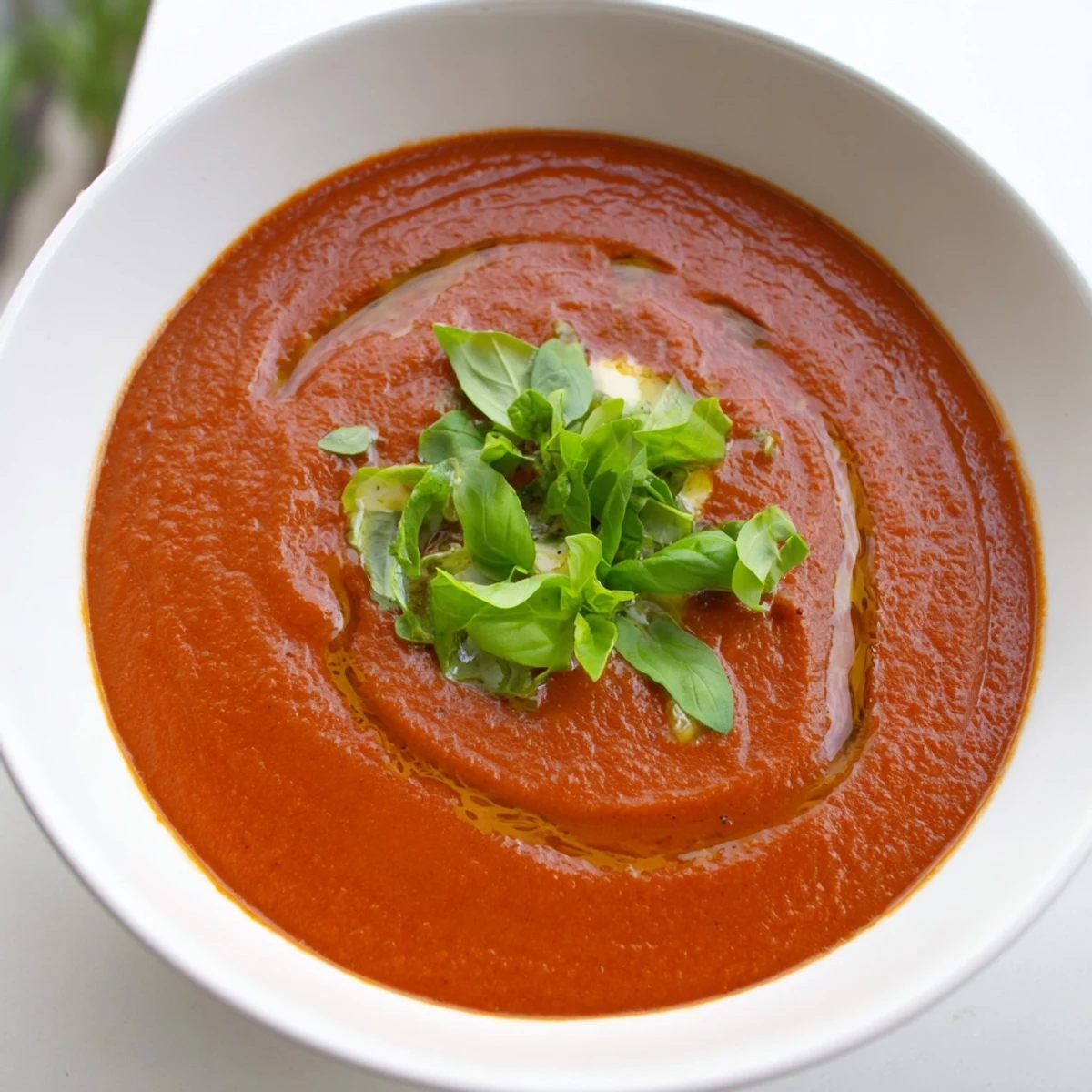 A warm bowl of Roasted Garlic and Tomato Basil Soup garnished with fresh basil leaves, a drizzle of olive oil, and cracked black pepper.