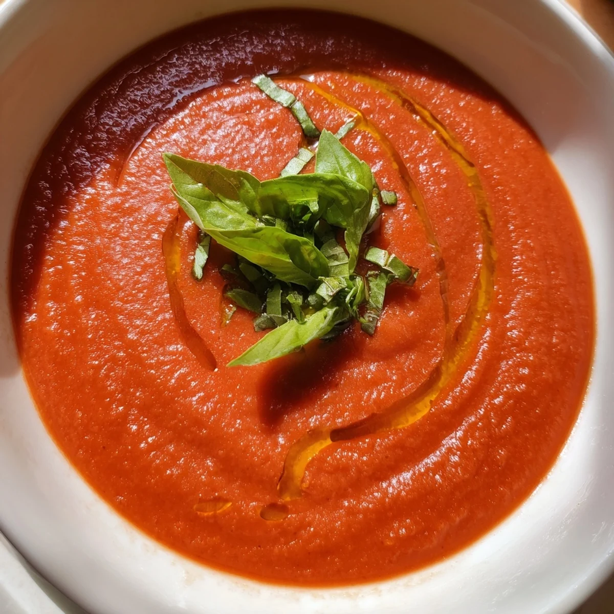Close-up of velvety Roasted Garlic and Tomato Basil Soup in a white bowl, perfect with crusty bread for a cozy meal.