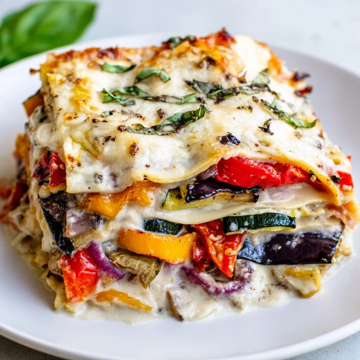 Golden-brown roasted vegetable lasagna with creamy white sauce bubbling from the oven.  
