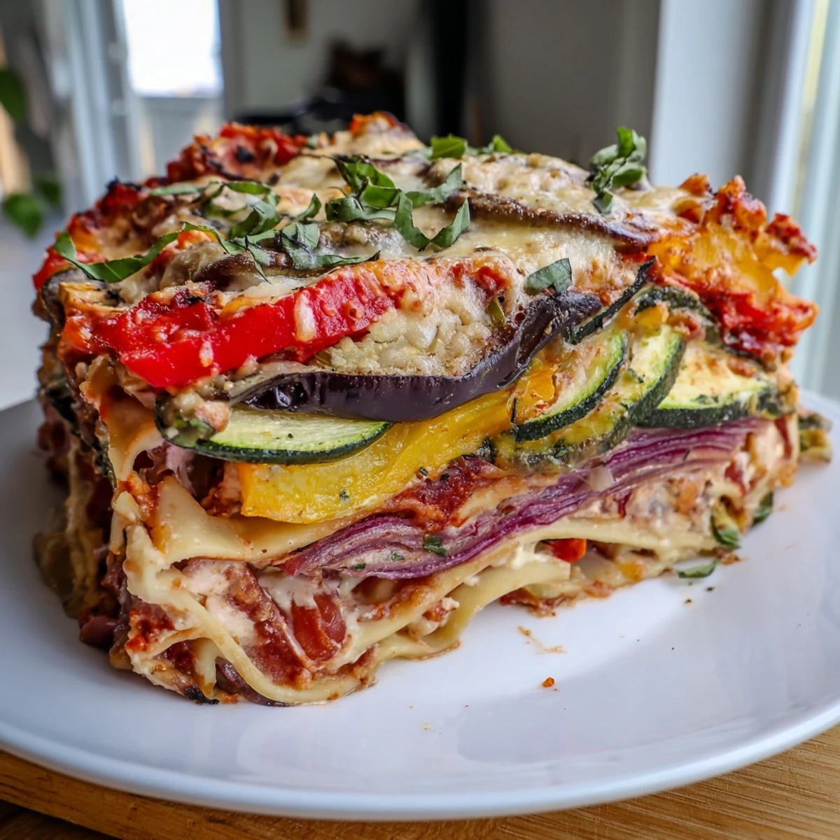 Sliced Roasted Vegetable Lasagna with White Sauce showing layers of tender pasta and veggies.  