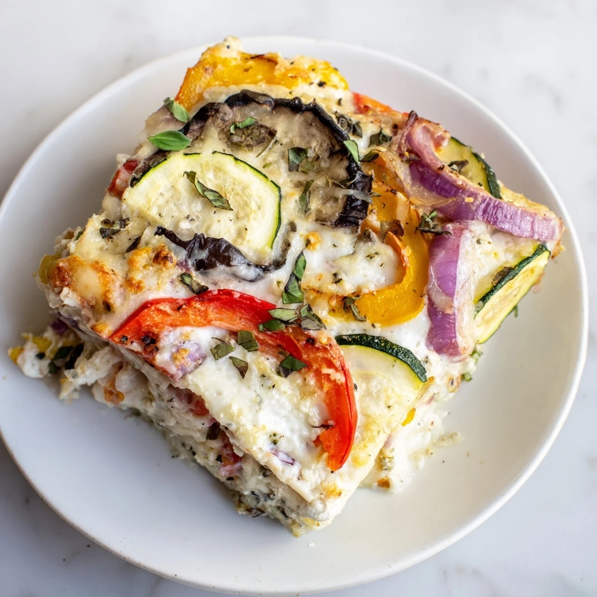 Freshly baked Roasted Vegetable Lasagna with White Sauce served hot, garnished with basil.