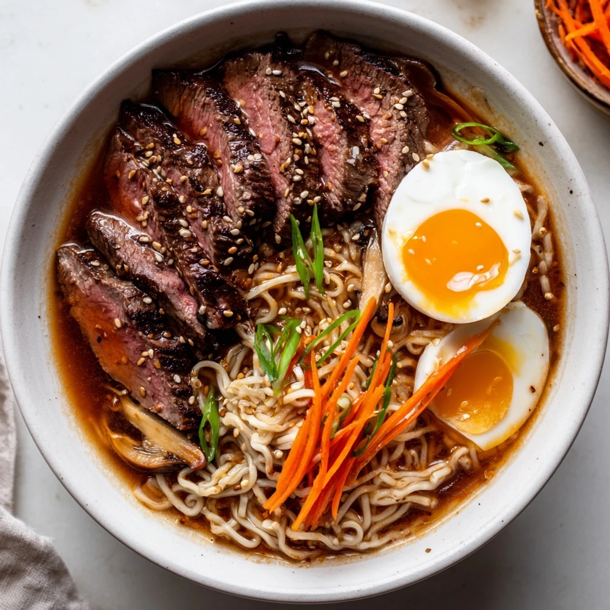 Colorful serving of Spicy Beef Ramen with Soft Boiled Egg, featuring tender noodles and vibrant vegetables.