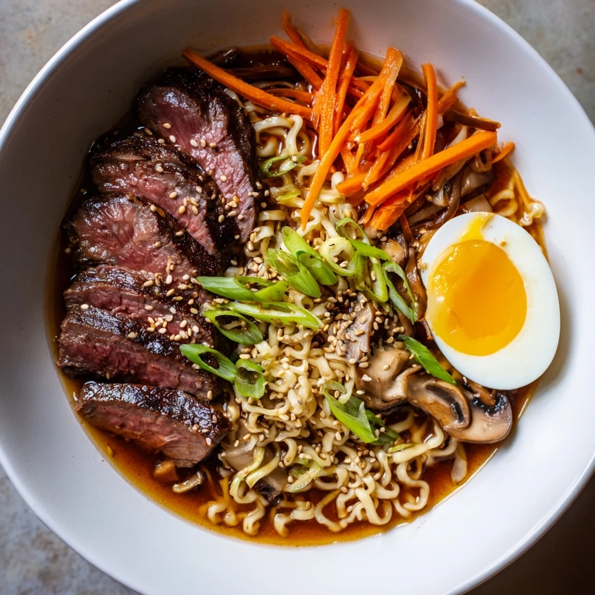 A close-up view of Spicy Beef Ramen with Soft Boiled Egg garnished with chili slices and sesame seeds.