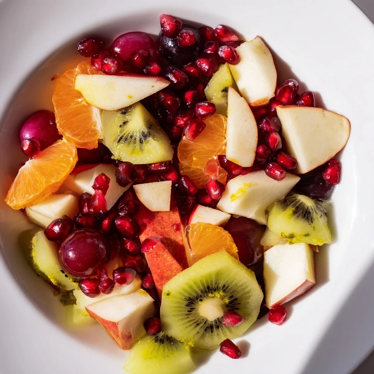 Winter Fruit Salad with Honey Lime Dressing served in a clear glass bowl, showcasing halved grapes, sliced kiwis, and diced pears tossed with fresh mint.