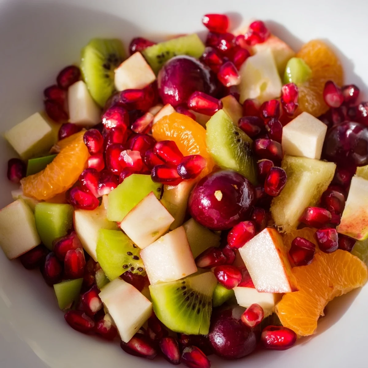 A close-up of Winter Fruit Salad with Honey Lime Dressing, highlighting the glossy honey-lime coating on colorful fruit medley, perfect for a refreshing holiday side dish.