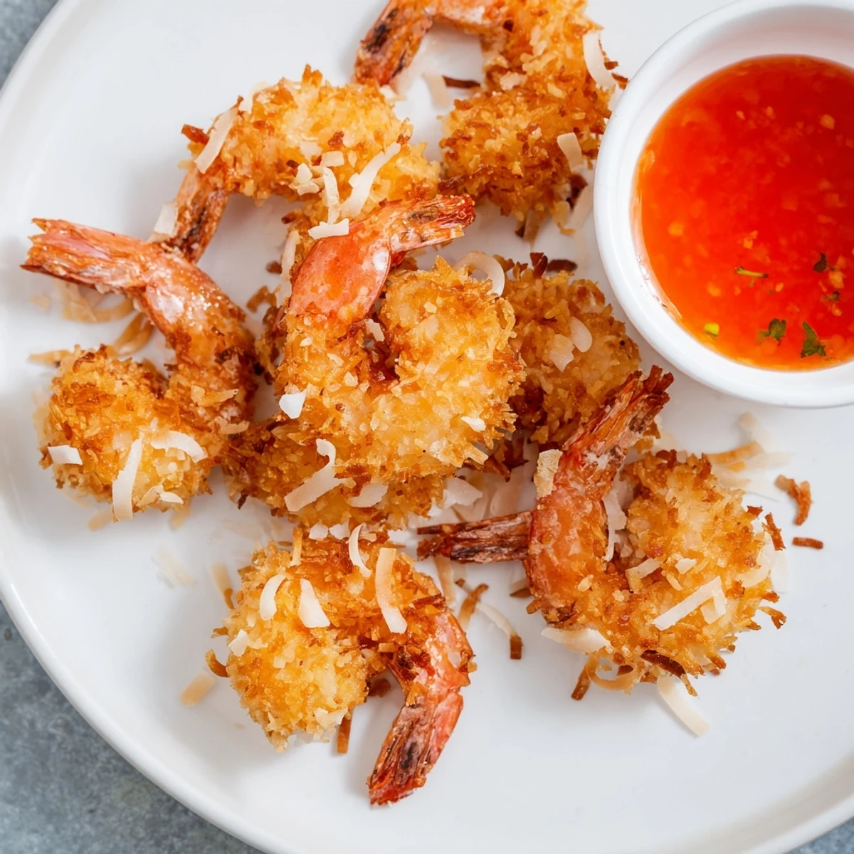 This close-up photo shows Crispy Coconut Shrimp with Sweet Chili Sauce, highlighting the crispy, coconut-crusted texture of each golden shrimp and a vibrant, sticky sweet chili dip, ideal for a party snack or game day spread.