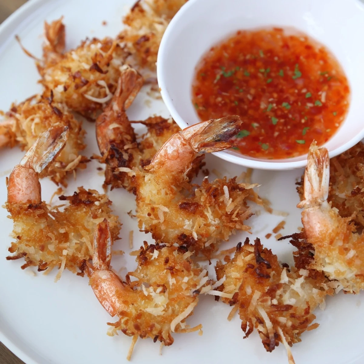 Overhead view of Crispy Coconut Shrimp with Sweet Chili Sauce, featuring four golden shrimp on a platter with lime wedges and cilantro garnish, ready to be dipped in the accompanying sweet and tangy chili sauce.