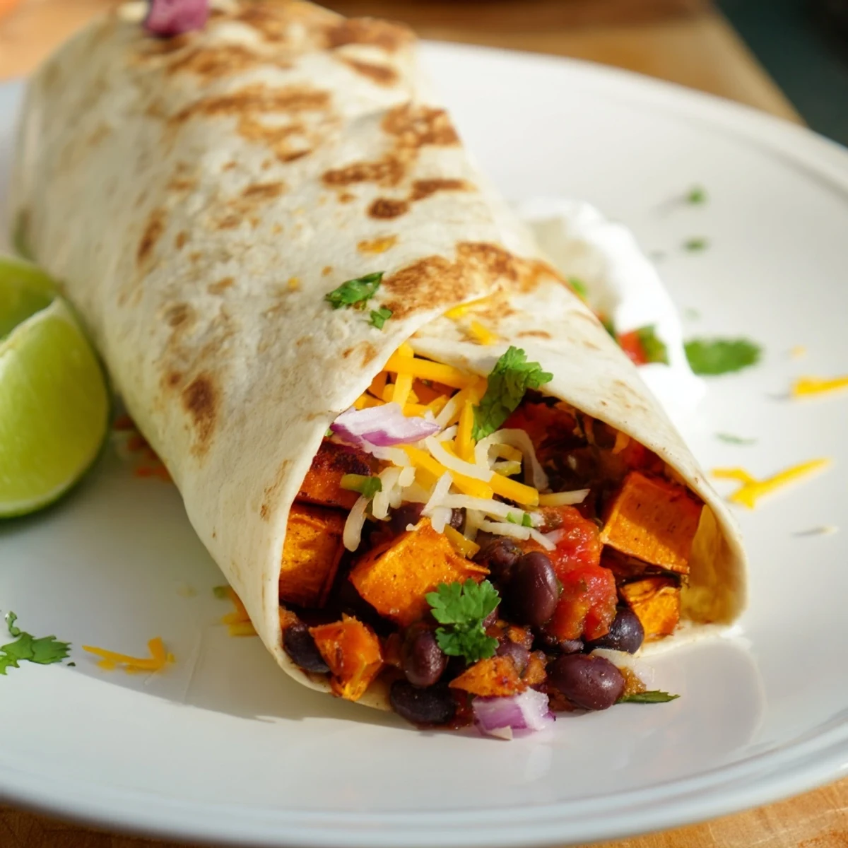 Freshly wrapped Roasted Sweet Potato and Black Bean Burritos cut in half to reveal the colorful filling of sweet potatoes, black beans, and cilantro.