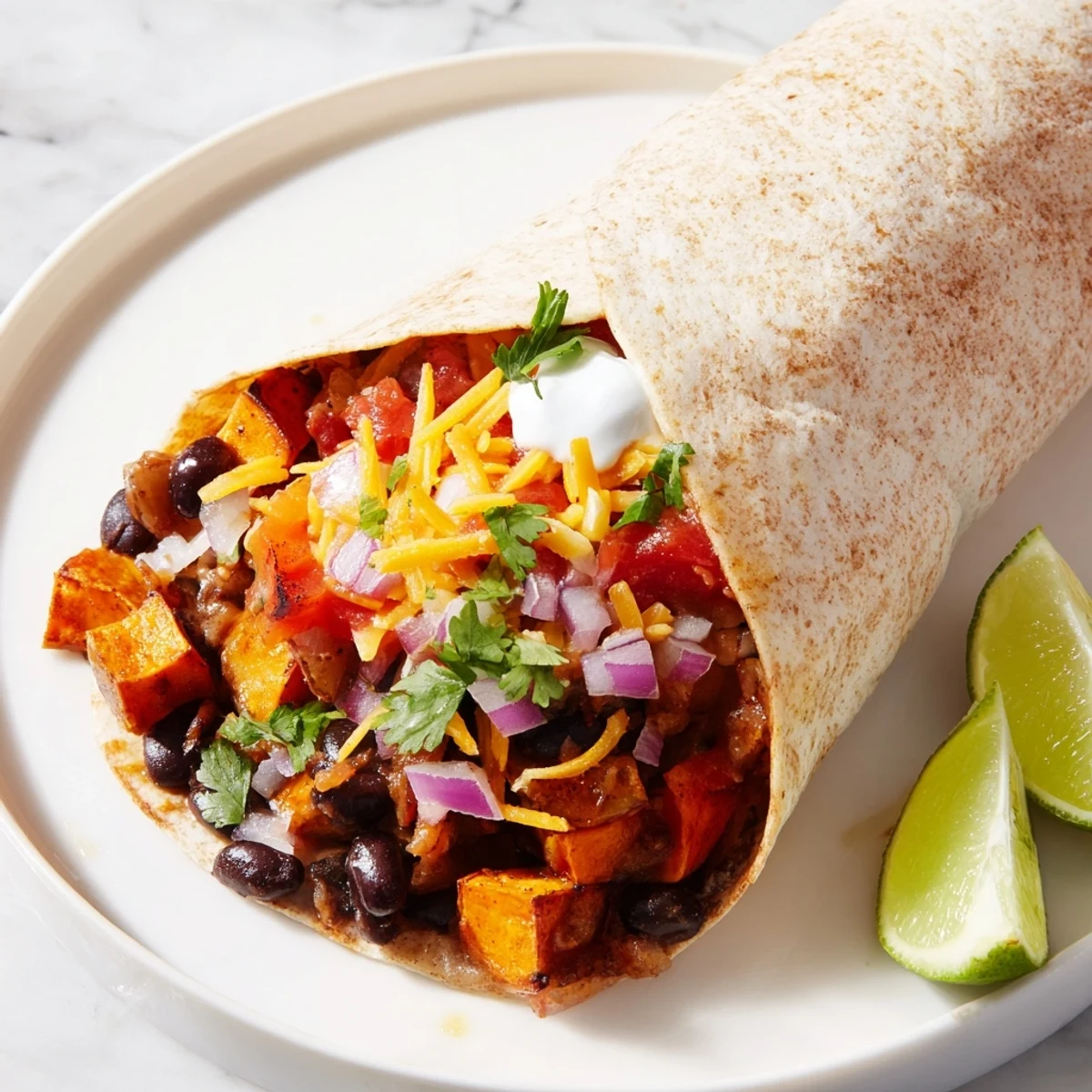Golden-brown Roasted Sweet Potato and Black Bean Burritos served on a rustic plate with lime wedges and a dollop of creamy sour cream.