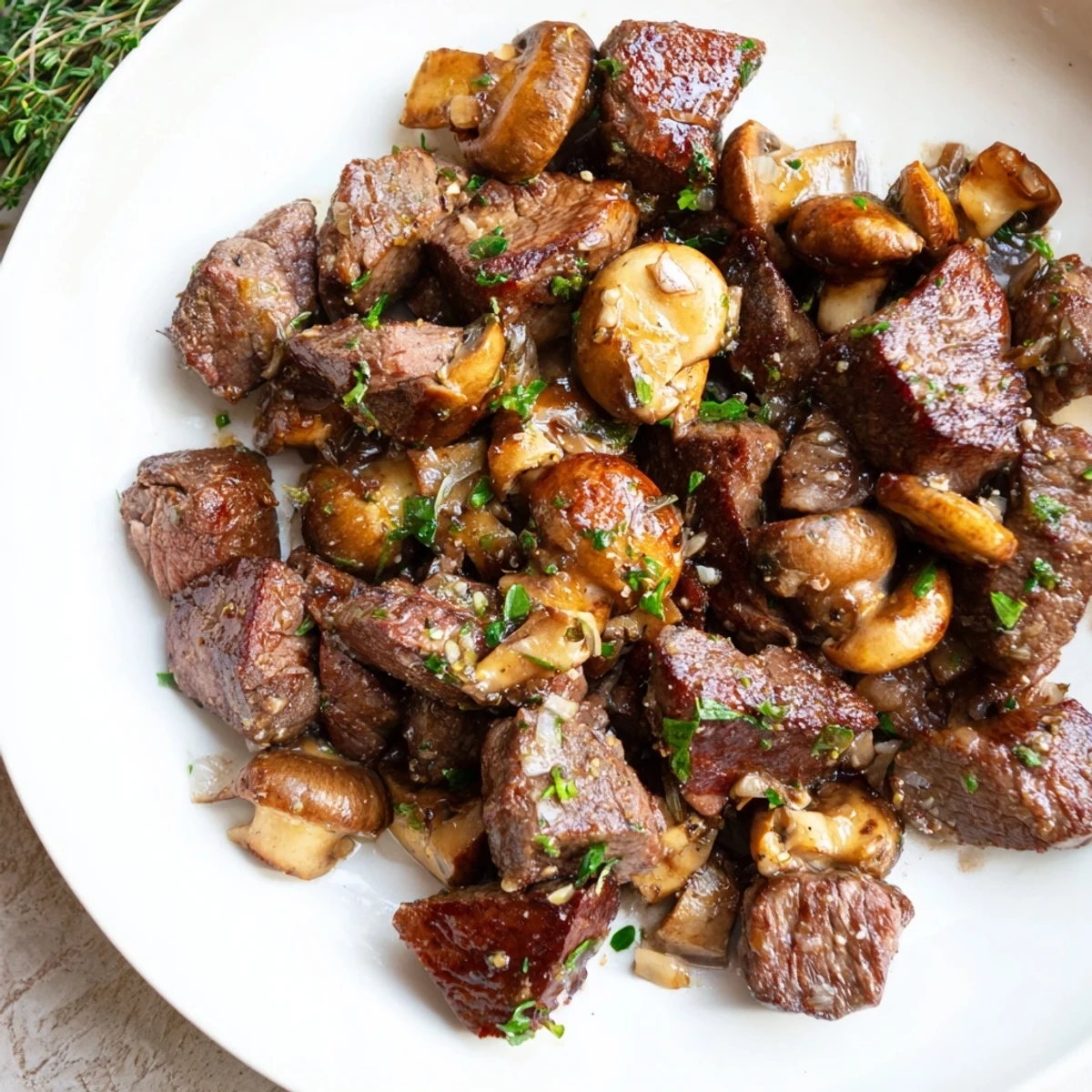 Garlic Butter Steak Bites with Mushrooms sizzling in a skillet with golden edges and fresh parsley garnish. 