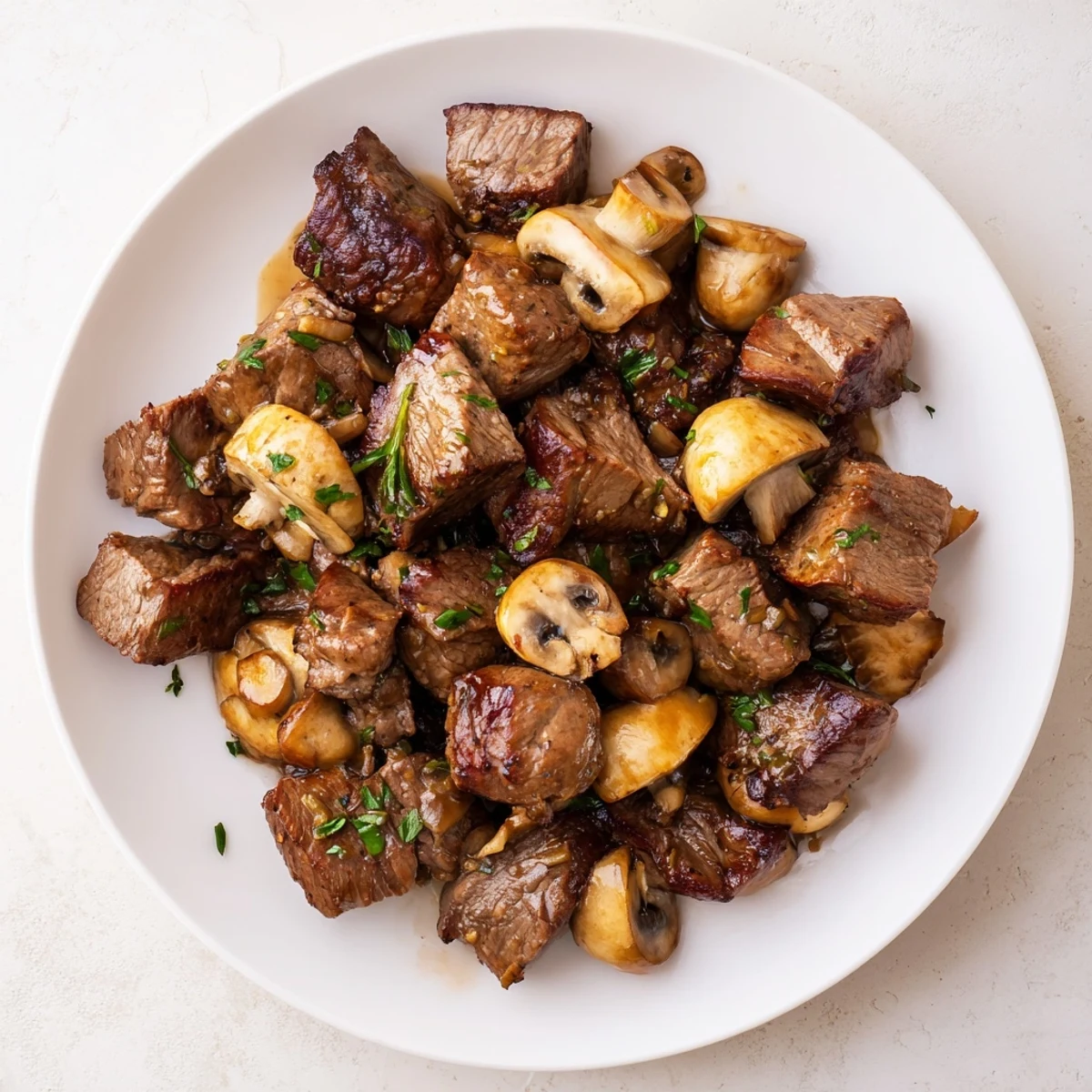 A close-up of Garlic Butter Steak Bites with Mushrooms tossed in a glossy garlic butter sauce.