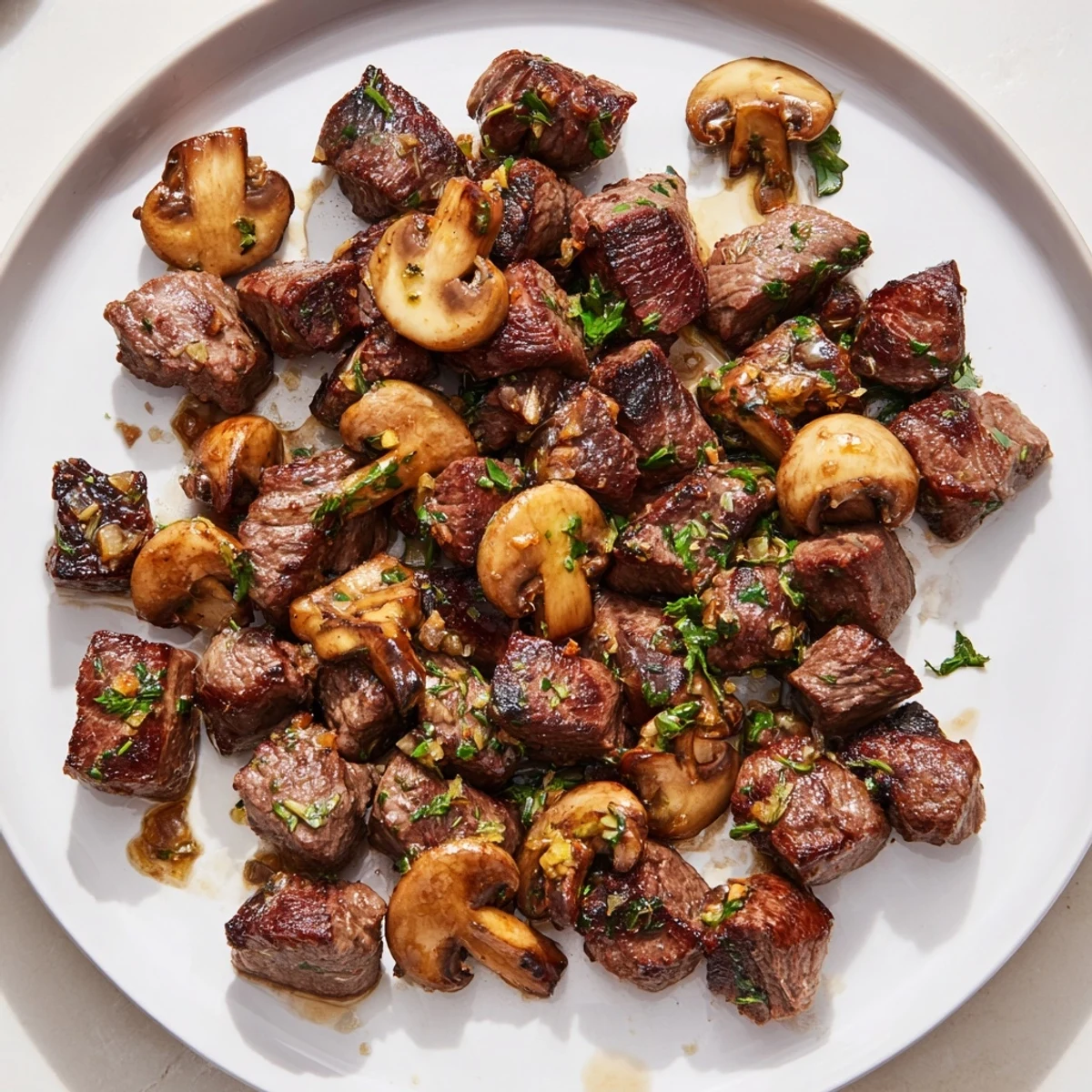 Savory Garlic Butter Steak Bites with Mushrooms served alongside creamy mashed potatoes for a hearty dinner. 