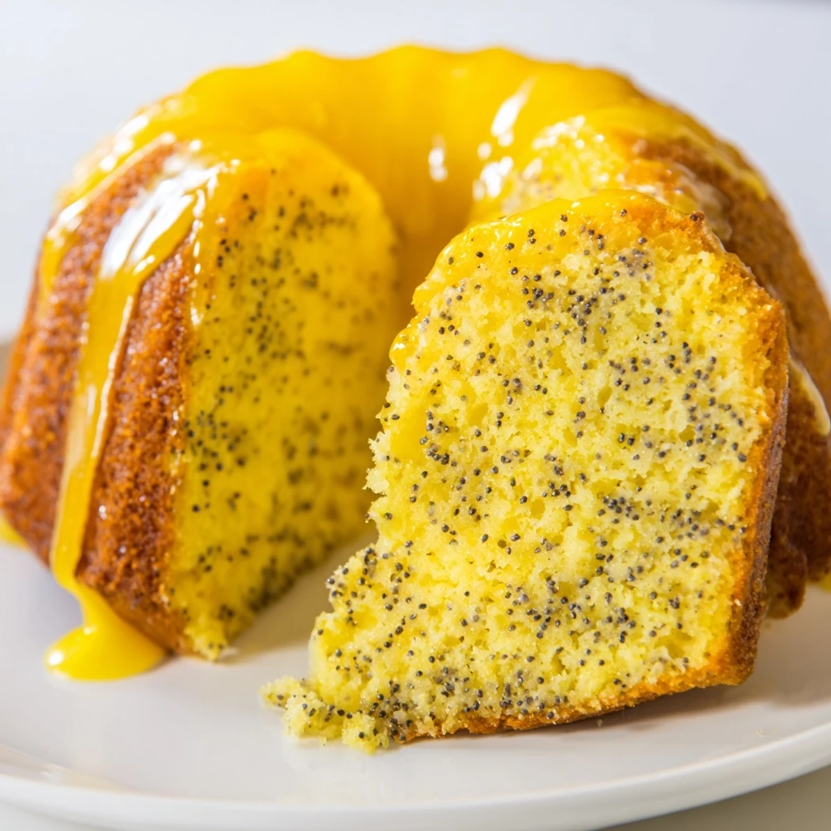 A freshly glazed Lemon Poppy Seed Bundt Cake showcases its golden-brown ridges and glossy, tangy lemon drizzle catching the light.  