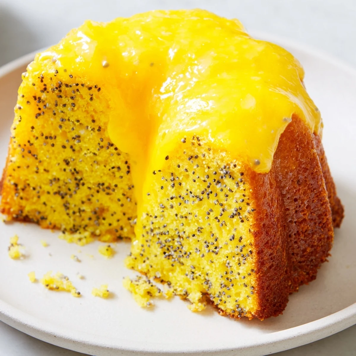 A close-up slice reveals the tender crumb of Lemon Poppy Seed Bundt Cake, speckled with seeds and dripping with sweet citrus glaze.