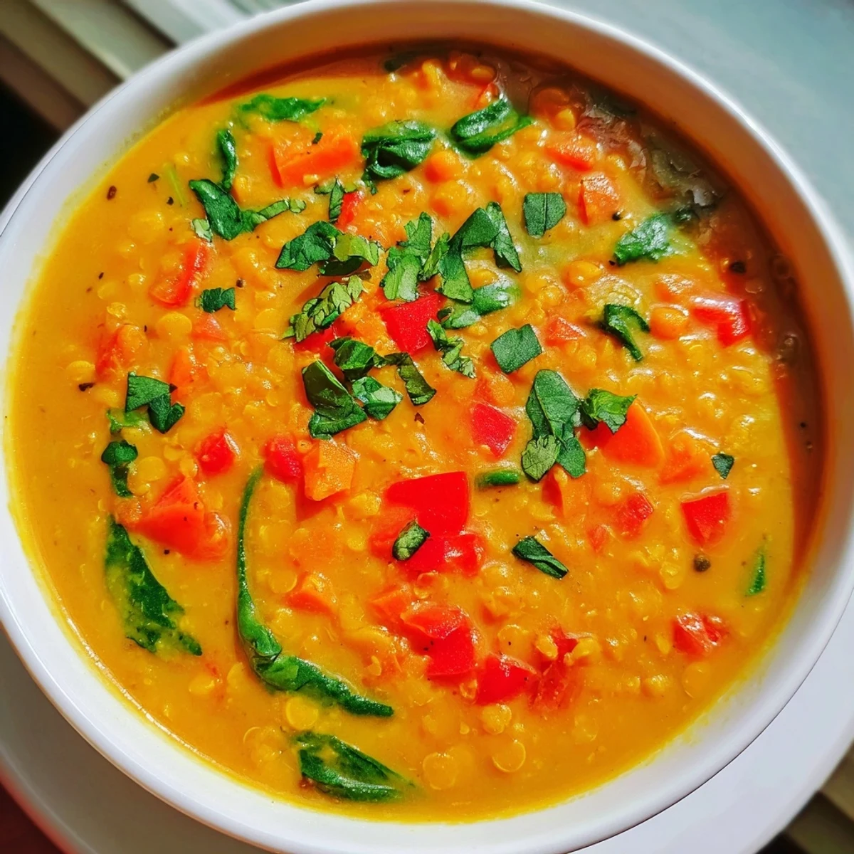 Vibrant pot of coconut curry lentil soup simmering with tender carrots and red bell pepper, steam rising from the fragrant, spiced coconut broth.