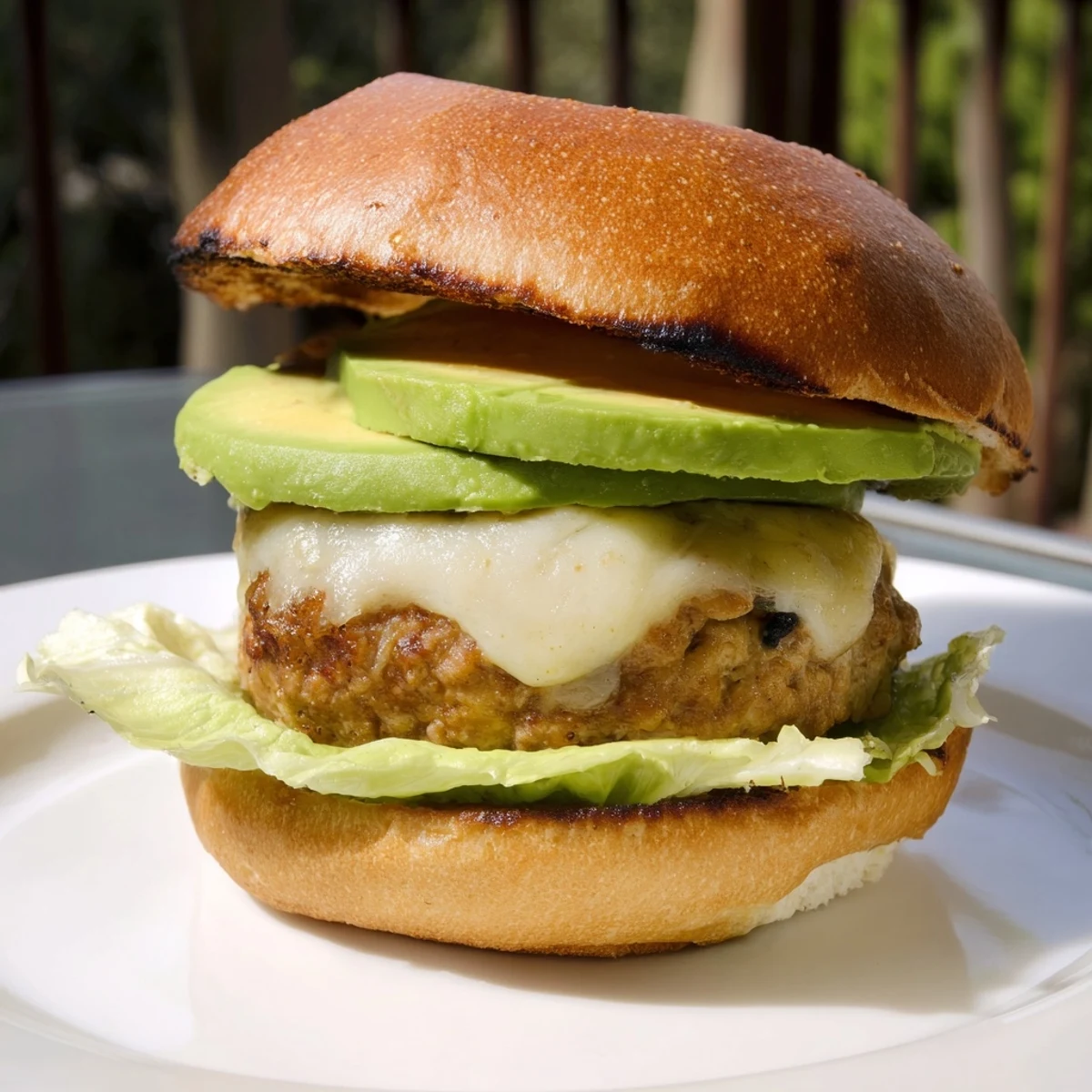 A juicy Turkey Burger with Avocado and Swiss Cheese sits on a toasted bun with fresh lettuce and tomato.