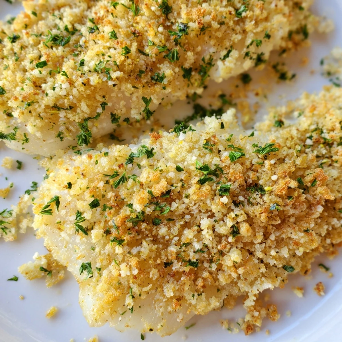 Golden-brown Baked Cod with Lemon Herb Panko Crumb fillets topped with crispy breadcrumbs and fresh herbs on a baking sheet.