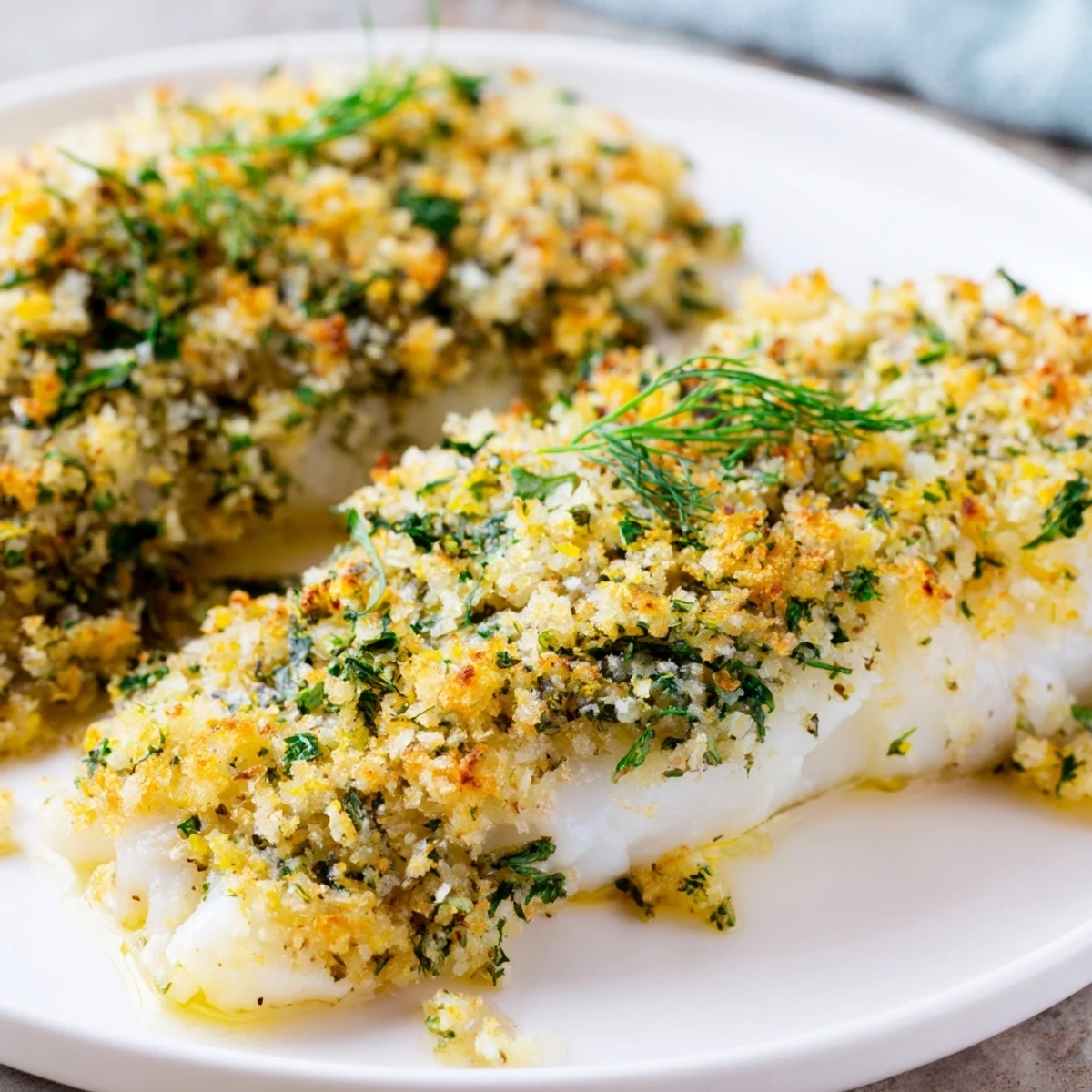 Close-up of golden panko crust on Baked Cod with Lemon Herb Panko Crumb, served with lemon wedges on a plate.