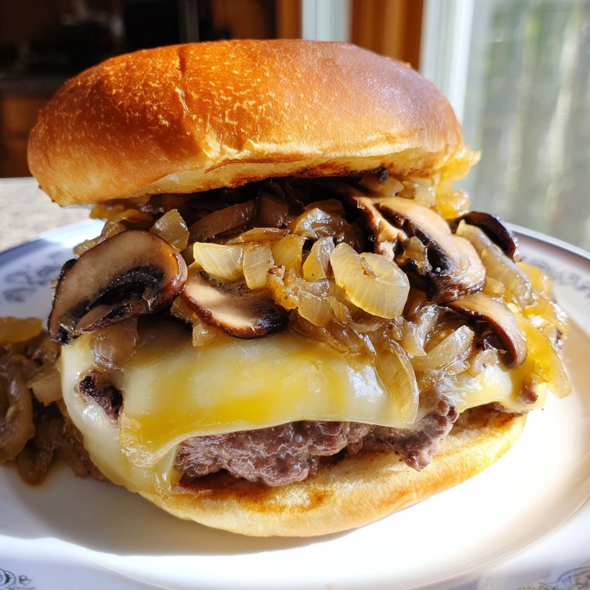 A plated Mushroom and Swiss Burger with caramelized onions on a toasted bun, ready to serve.