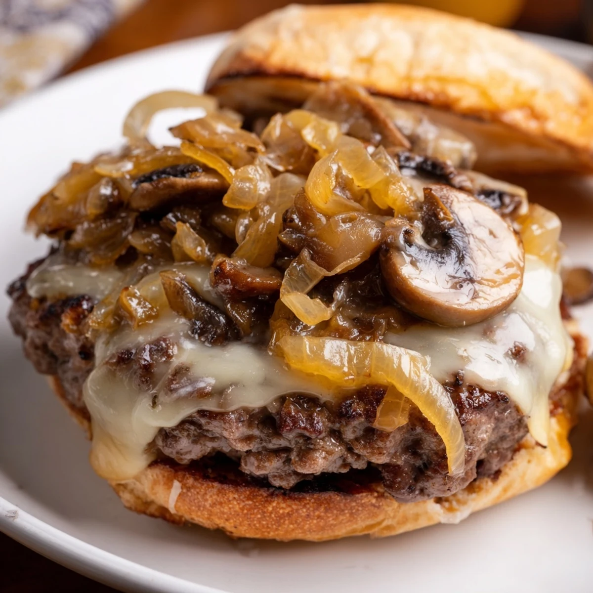 Close-up of a Mushroom and Swiss Burger showcasing melty Swiss cheese and sautéed mushrooms.