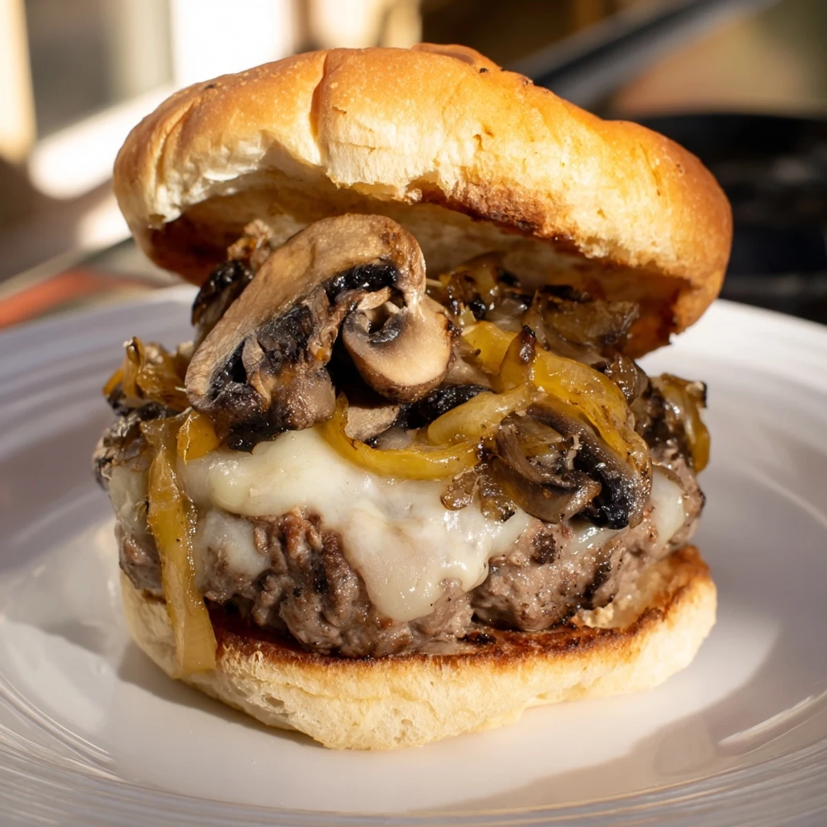 A gourmet Mushroom and Swiss Burger with sweet caramelized onions on a toasted bun.