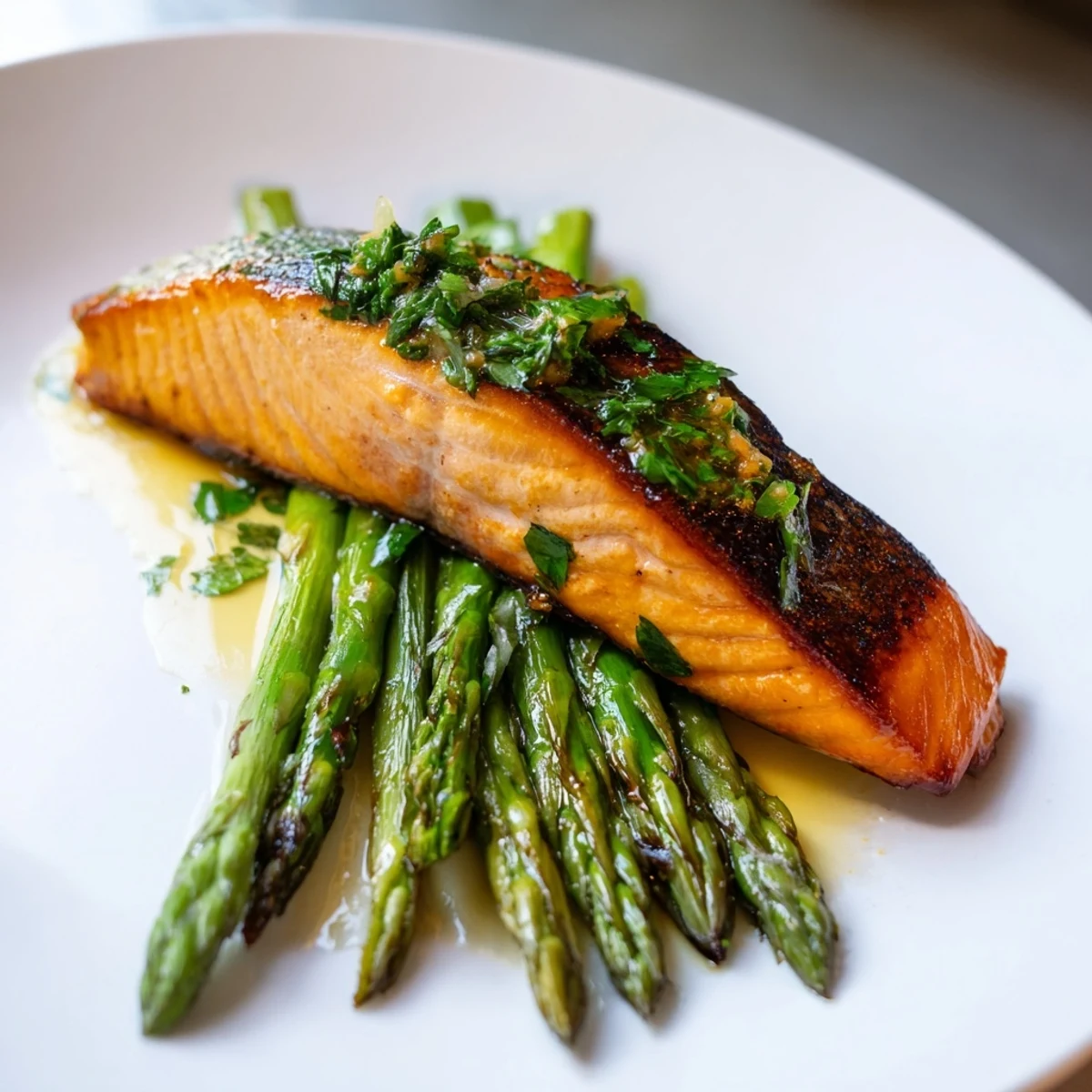Golden-brown Pan Seared Salmon with Asparagus rests on a plate, glistening with fresh lemon butter sauce and parsley.