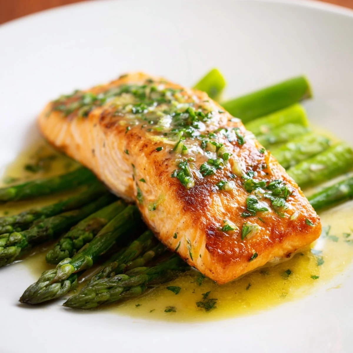 Pan Seared Salmon with Asparagus features crisped salmon fillets beside vibrant green, tender-crisp sautéed spears.