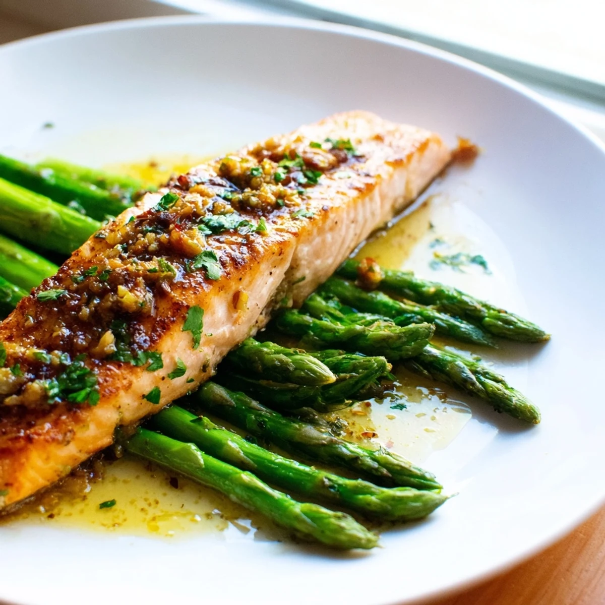 A close look at Pan Seared Salmon with Asparagus shows flaky fish and bright veggies ready for a healthy dinner.