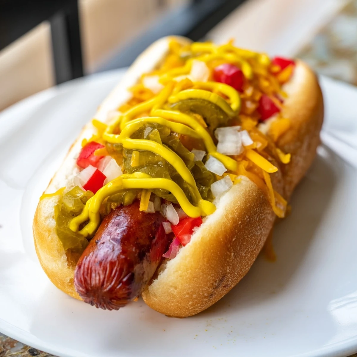 Grilled beef franks with classic toppings like mustard and relish, plus creative additions like coleslaw and crispy onions on a platter.