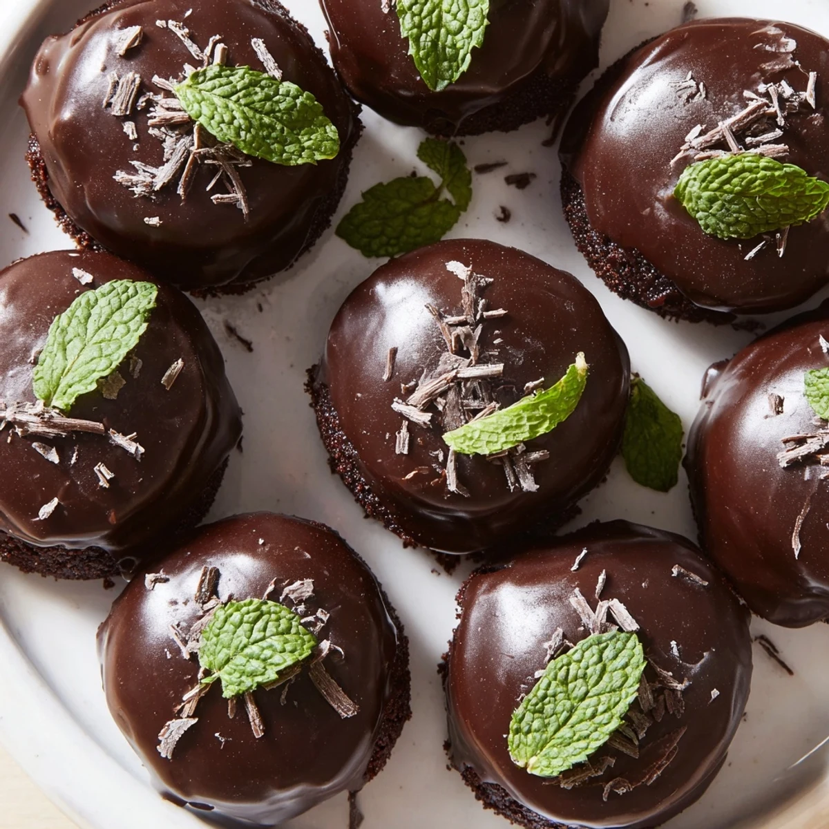 The recipe for Mint Brownie Bites with Ganache is baked in a mini muffin tin, showcasing fudgy, bite-sized chocolate squares generously drizzled with glossy chocolate ganache.  