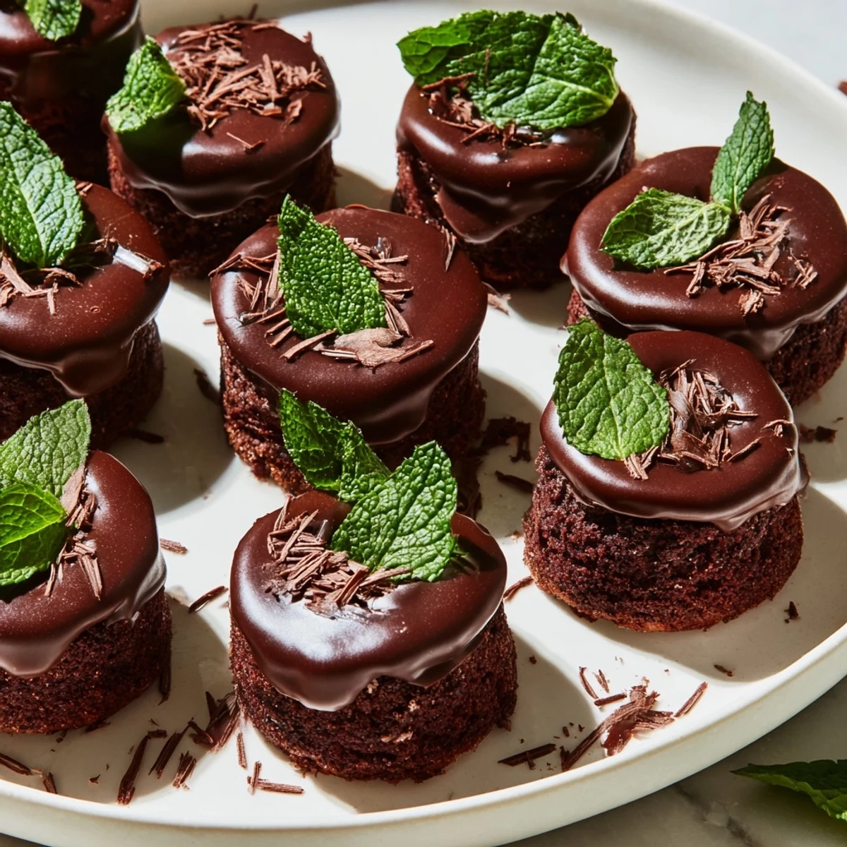 Fresh mint leaves rest atop the rich, dark chocolate ganache, adding a vibrant green accent to these moist, homemade dessert bites.  