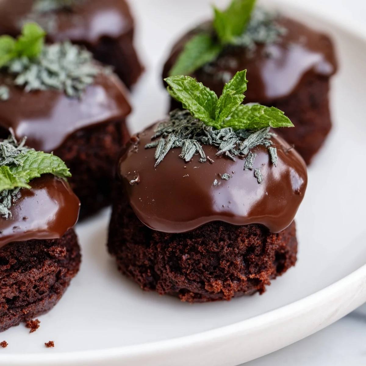 A close-up of a single Mint Brownie Bite reveals its dense, crumbly texture and silky smooth topping, perfect for serving at parties or as a sweet treat.