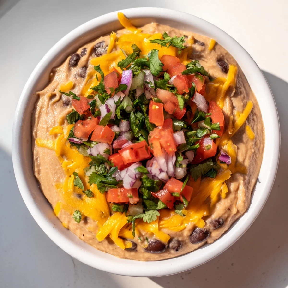 Creamy baked Bean Dip with Cheddar Cheese, topped with melted cheese, fresh cilantro, and diced tomatoes for a zesty party appetizer.