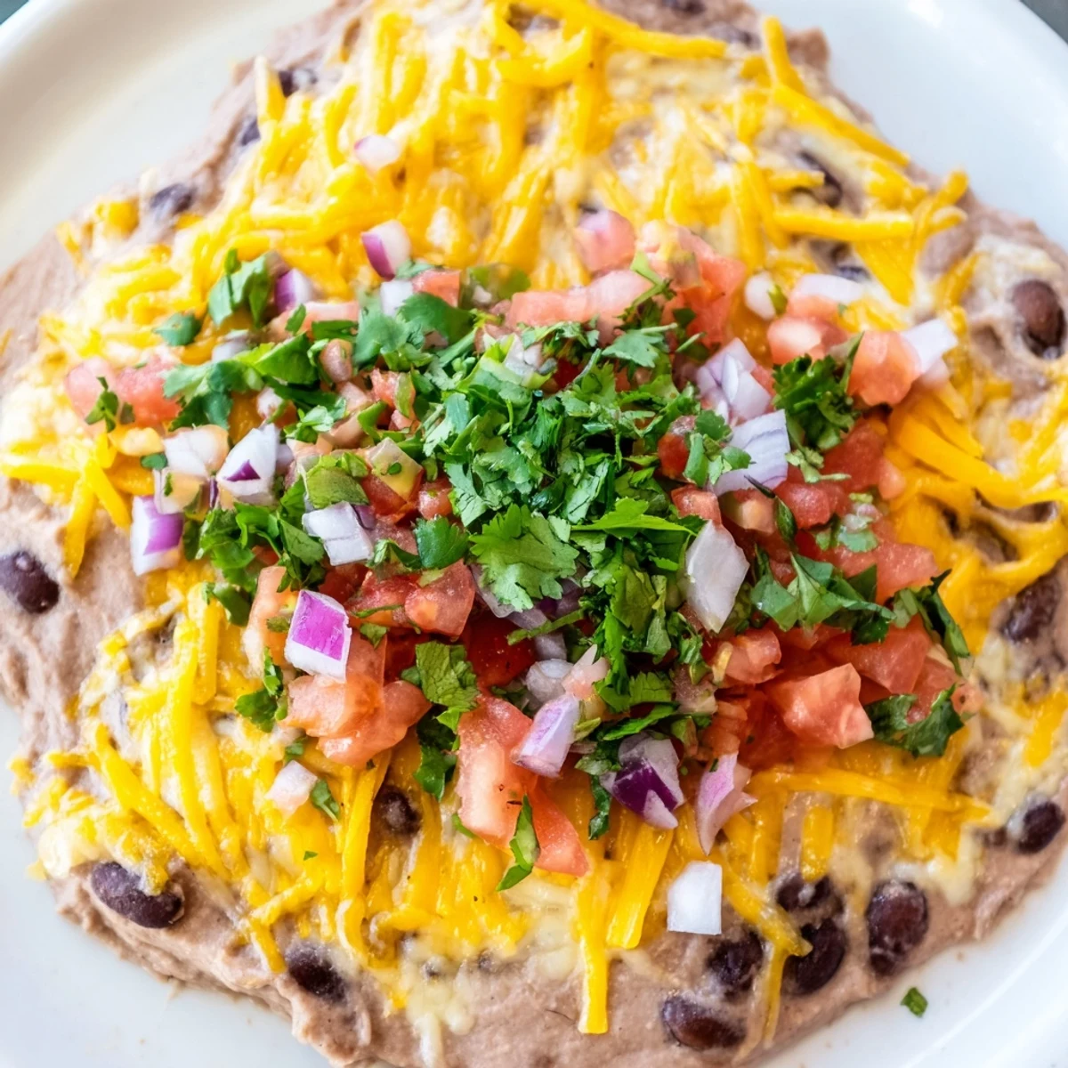 Zesty Bean Dip with Cheddar Cheese garnished with cilantro and tomato, bubbling and golden from the oven, ready to scoop with chips.
