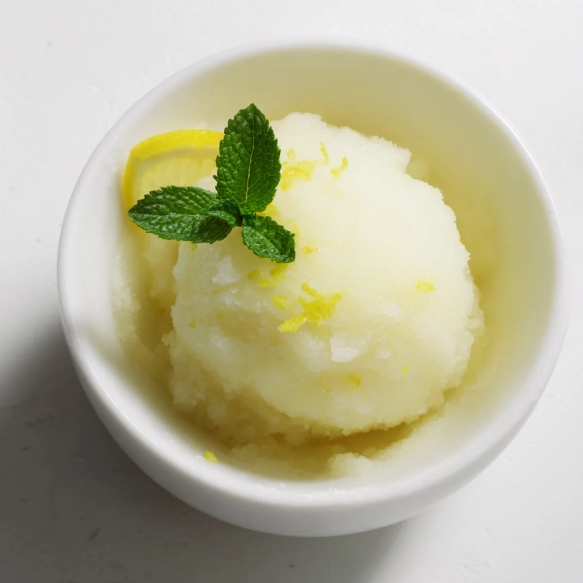 Spoonful of homemade Lemonade Sorbet with Mint over a glass dish, showcasing its icy texture and bright citrus zest.