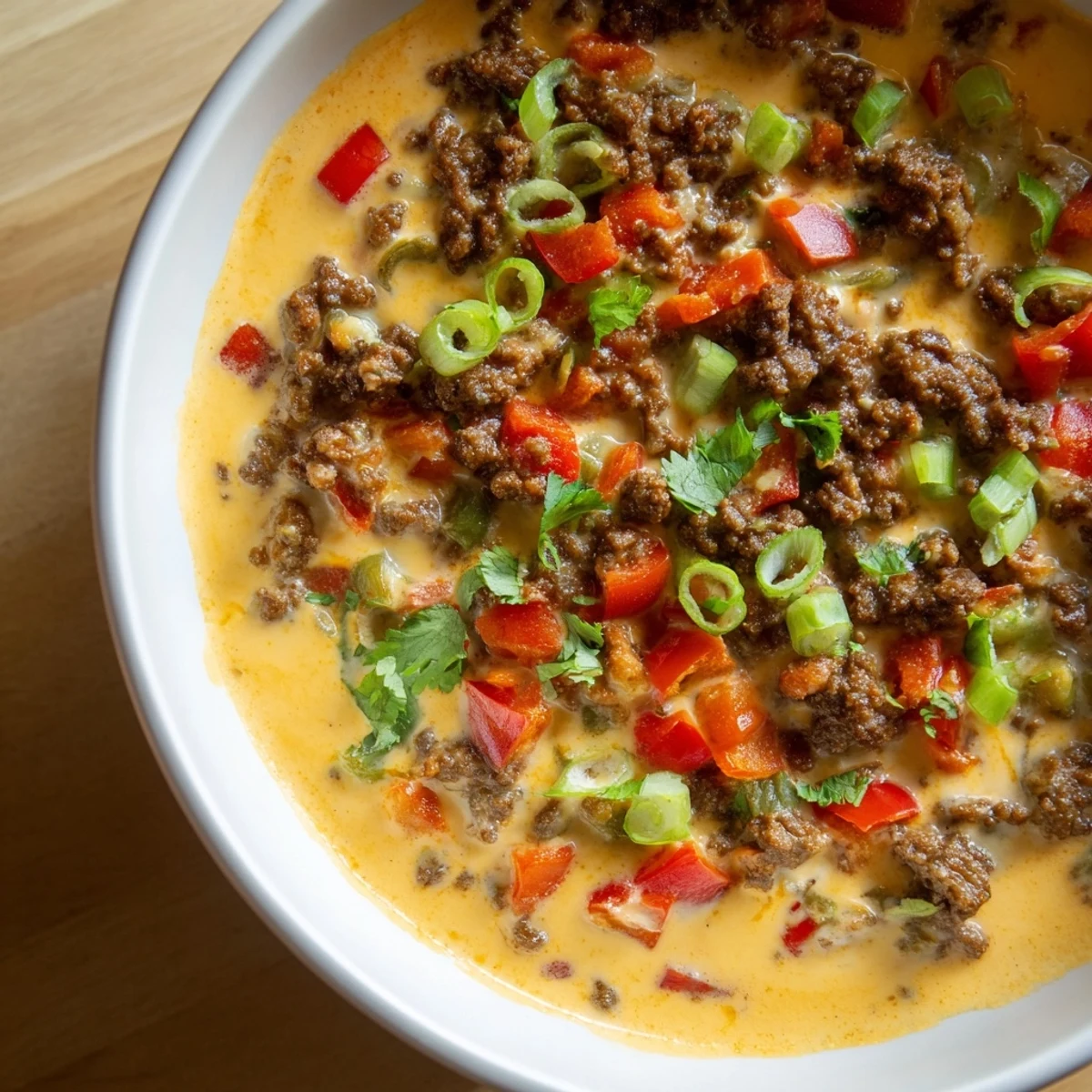 Steaming hot Queso Dip with Ground Beef and Peppers served in a bowl, topped with fresh cilantro and green onions for a festive party snack.