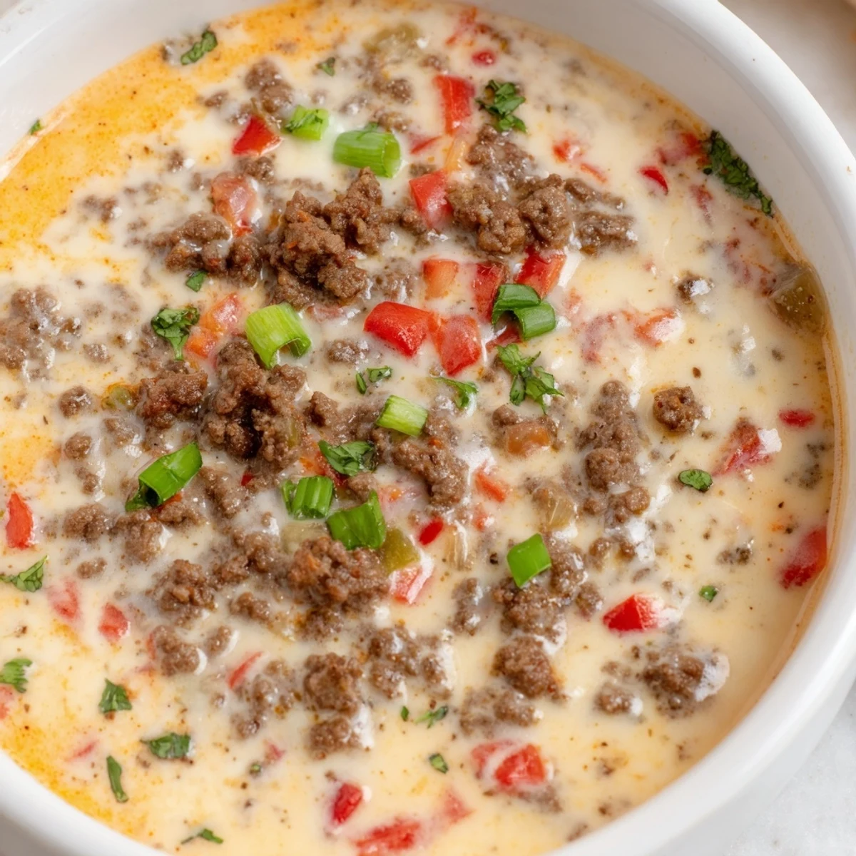 Creamy and rich Queso Dip with Ground Beef and Peppers garnished with diced tomatoes and jalapeños on a rustic wooden table.