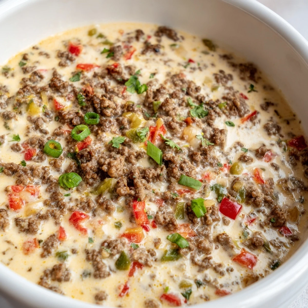 Melted Queso Dip with Ground Beef and Peppers in a cast-iron skillet, surrounded by crunchy tortilla chips for dipping.